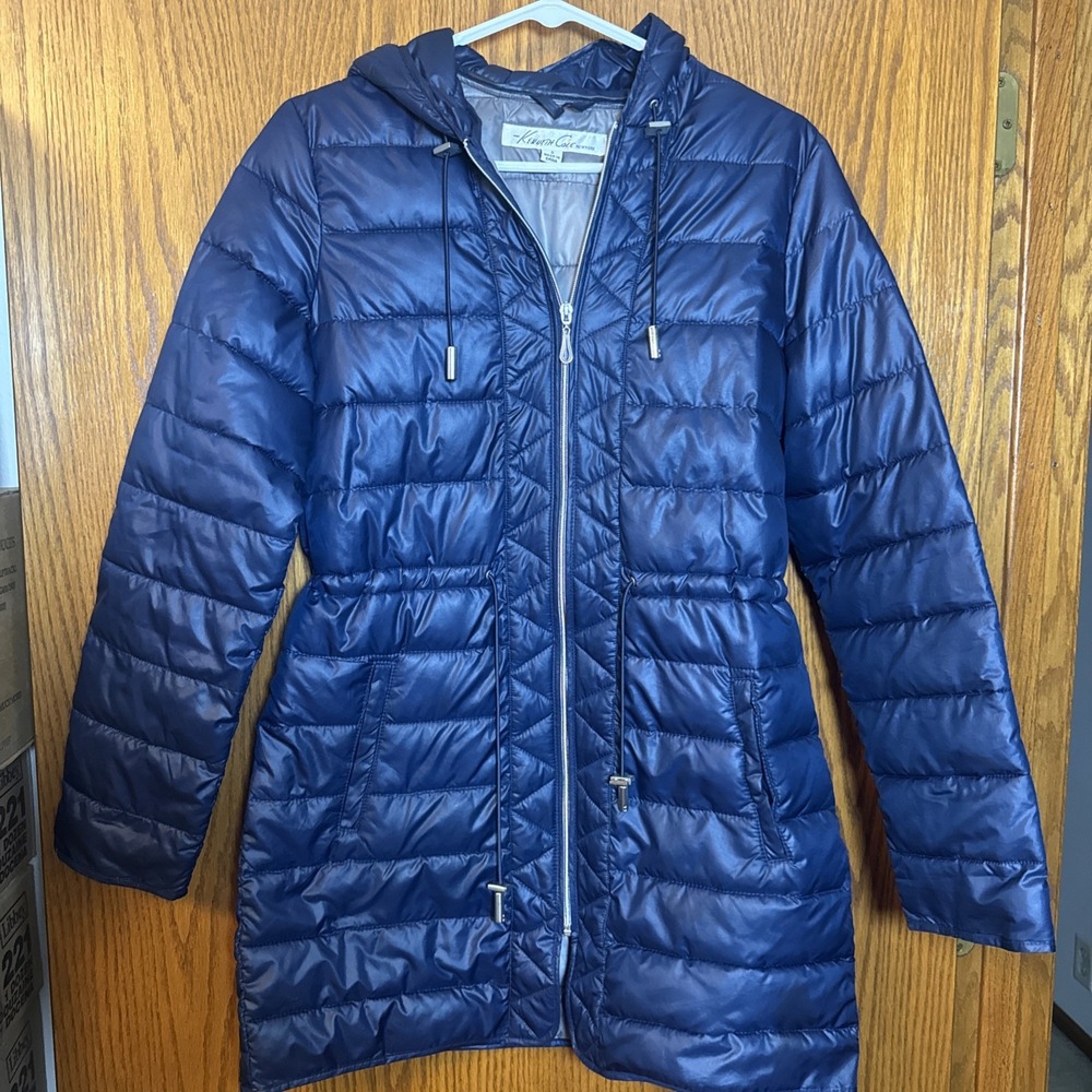 Kenneth Cole NY Women's Blue Long Hooded Puffer Jacket Sz S Lightweight - Picture 1 of 5